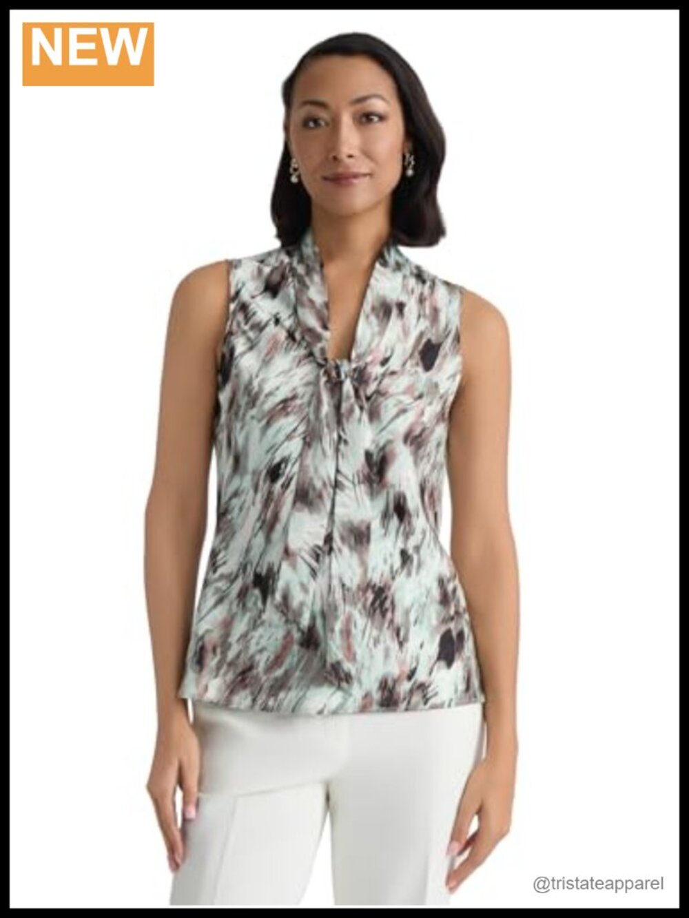 Sleeveless Bias Tie Front Printed Satin Blouse